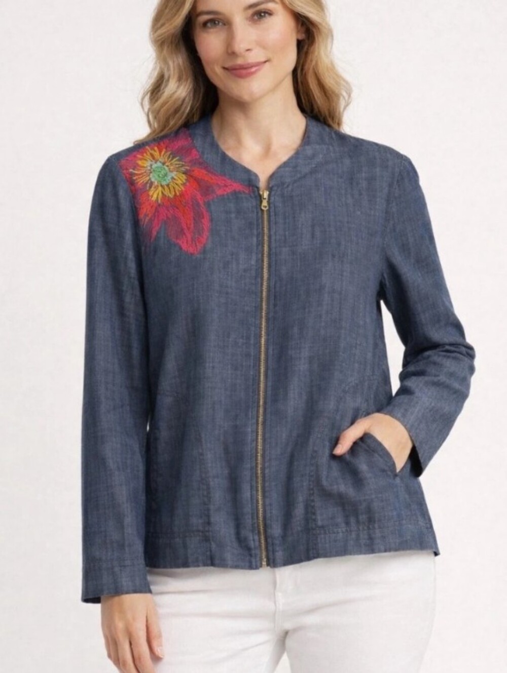 Rafaella Embroidered Floral Zip Jacket Cotton Lyocell Lightweight Boho Layering